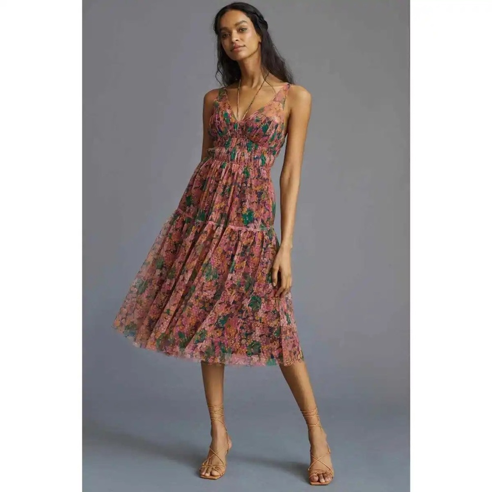Anthropologie Maeve Halter Mesh Floral Midi Dress